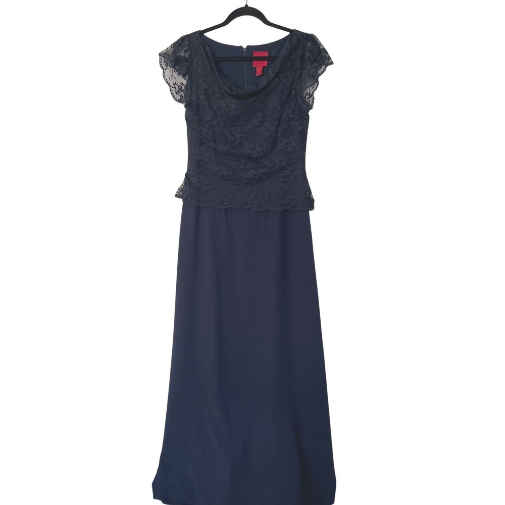 JS Collections Evening Gown Women 10 Navy Blue Lace Peplum Maxi Dress Cowl Neck